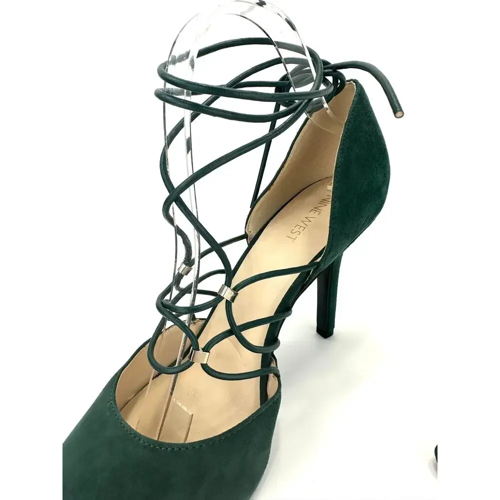 Nine West Jarraho D'Orsay Stiletto Pump Sz 10 Green Suede Adjustable Ankle-Wrap